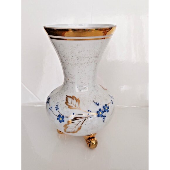 Three Footed French Frosted Glass Vase with Gold Gilding & Painted Florals MCM - Picture 3 of 13
